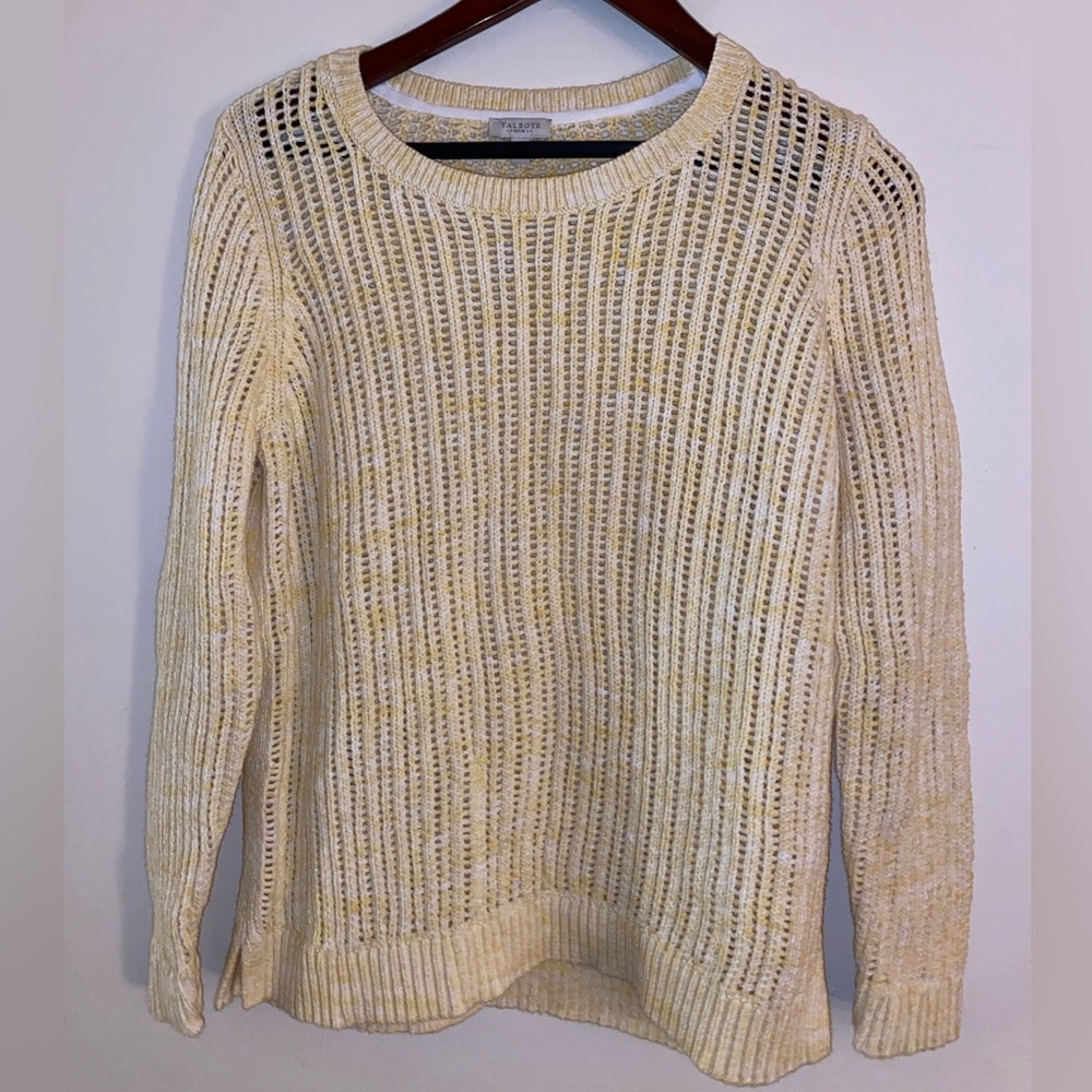 Talbots Petite Open Knit Sweater Lp Yellow White 100% Cotton Lightweight
